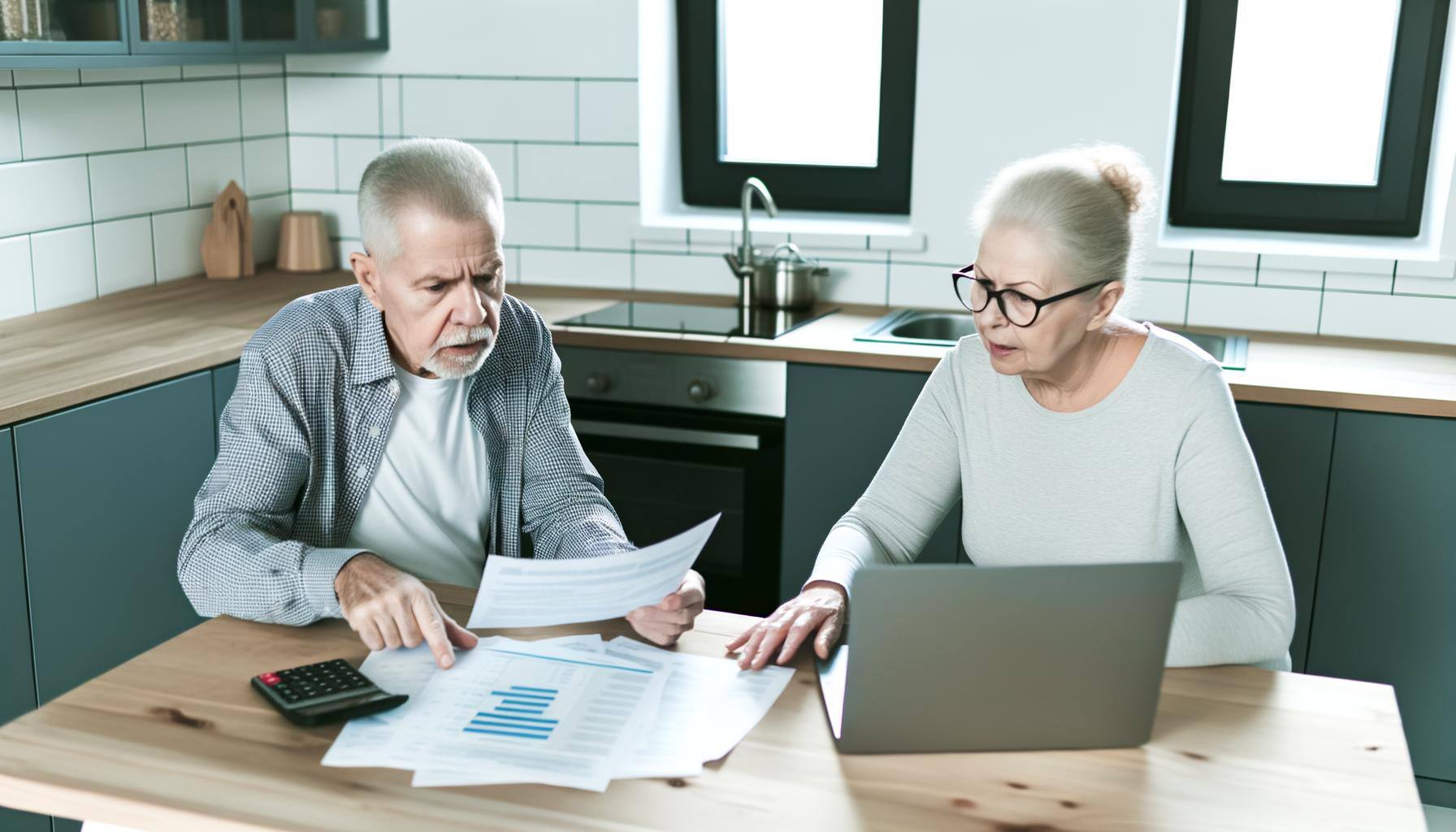 An elderly white couple sitting at a kitchen table, surrounded by paperwork and a laptop, discussing finances and retirement options