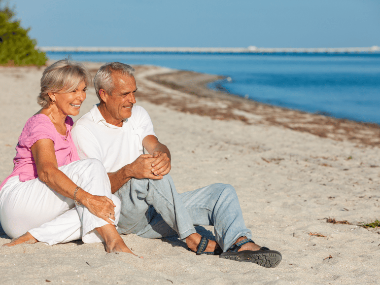 old couple looking watching the sea waves in a beach